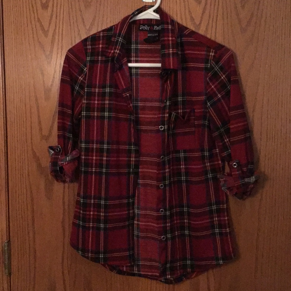 Button up collared plaid shirt